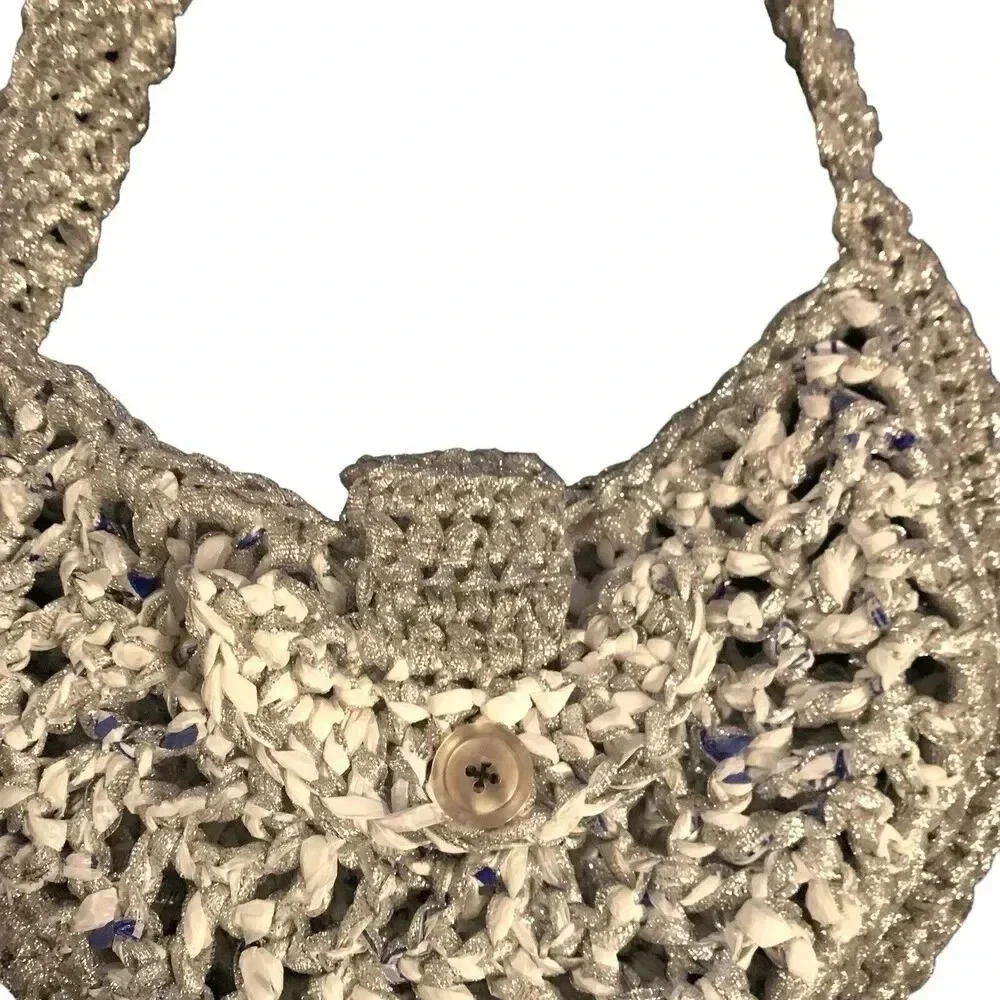 Celestial Moon Handbag Purse Metallic Silver Small Shoulder Crochet Astrology
